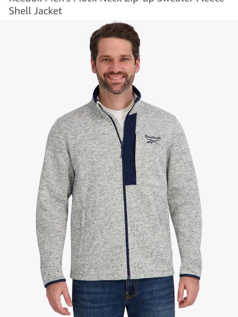 Reebok Men's Gray Heather Full-Zip Sweater with Navy Trim